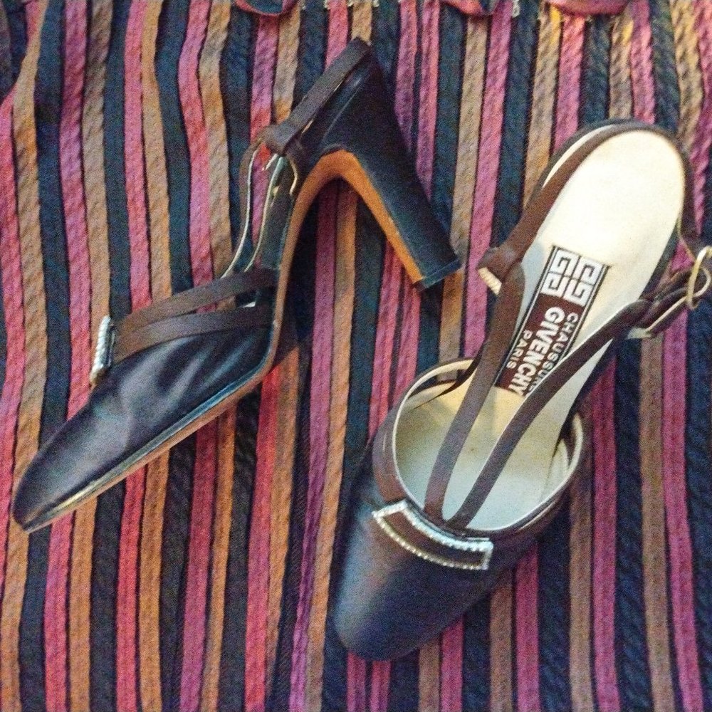 ❤️Vtg GIVENCHY CHAUSSURES Paris Brown Satin & Crystal Slingback Shoes 5.5 Italy
